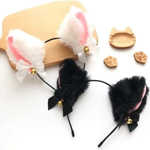 Masquerade Halloween Headwear Women Faux Fox Fur Cat Ears Cosplay Party Female Bow Tie Bell Headband Girls Hair Accessories