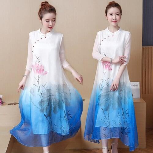 Dresses Summer 2019 Cheongsam Qipao Ink Painting Oriental Dress Ao Dai Folk Robe Loose Vintage Elegant Chinese Dresses TA1343