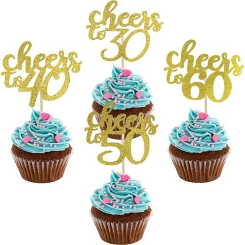 10pcs Cheers to 30th 40th 50th 60th Happy Birthday Paper Cupcake Topper Anniversary Adult Birthday Party Decoration Supplies