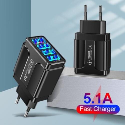 4USB Fast Charger EU US Fast Charging Plug For Multi Charging Head 5.1A Quick Charge Mobile Phone Charger Portable Wall Charge