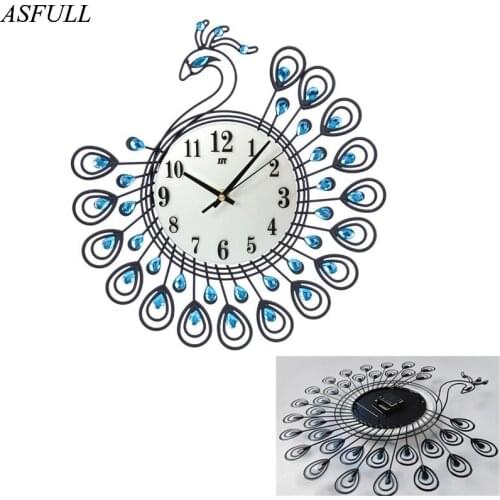 ASFULL Diamond Peacock Large Wall Clocks Metal Living room Creative Fashion Silent Wall Watch Home Decor clock wall free shippi