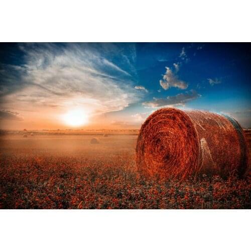 Misty field haystack sunset backgrounds High quality Computer print wall backdrop