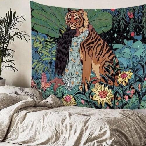 Mandela Tapestry Wall Hanging Mysterious Forest Girl Hugs Tiger Tapestrys for Home Room Décor