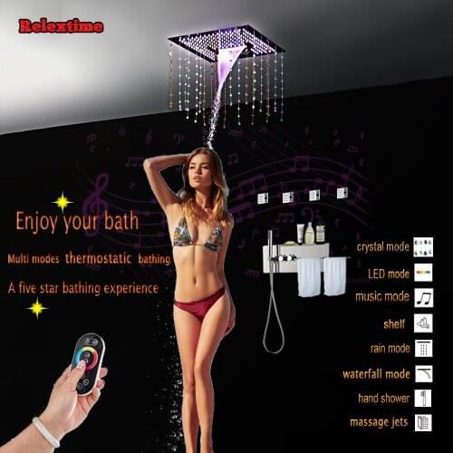 Crystal Quartz Bluetooth Music LED Ceiling Shower Head Waterfall Faucet Thermostatic Concealed Mixer Shower Speaker System shelf