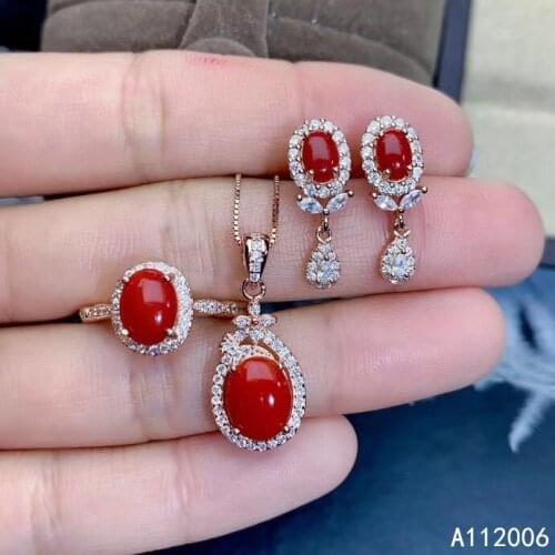 KJJEAXCMY fine jewelry 925 sterling silver natural red coral earrings ring pendant necklace luxury ladies suit support testing