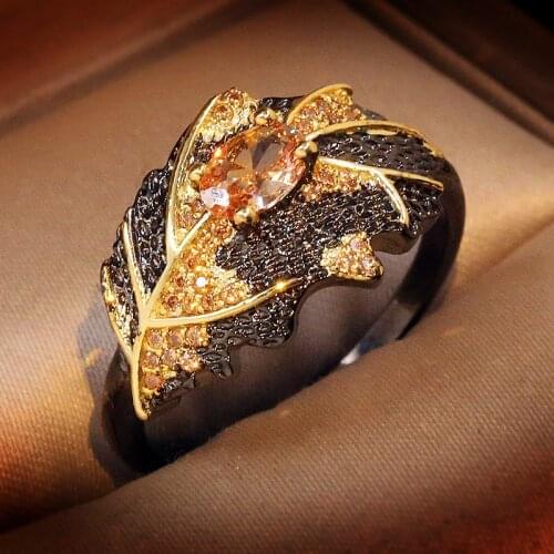 2020 New Retro Oval Yellow Crystal Rings Black Gold Elegant Leaves Ring for Women Girls Fashion Party Fine jewelry Accessories
