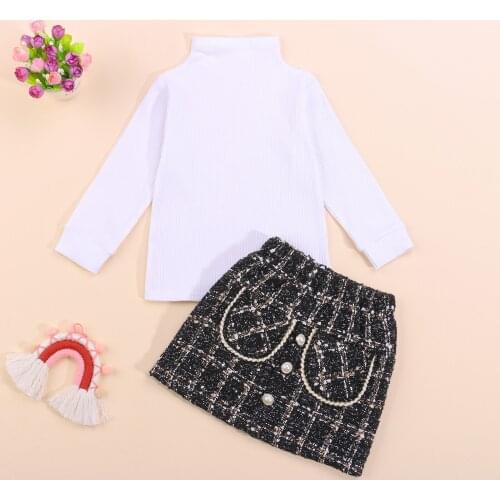 Spring Autumn Toddler Girls 2PCS Outfits Long Sleeve Ribbed Knit Turtleneck Tops + Plaid Mini A-line Skirt Set