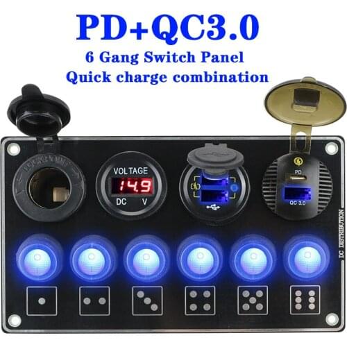 LEEPEE Car Switch Panel Waterproof PD USB LED Voltage Display 12/24V 6 Gang QC3.0 Quick Charge Car Accessories