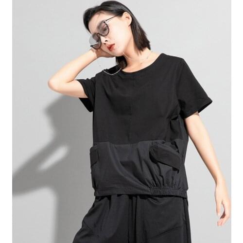 Fashion Irregular Back Button Split Summer Tees Tops Women Black Blouse Short Sleeved Loose Size Cotton Casual Dress