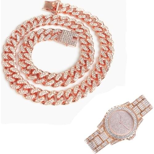 2pcs Kit Hip Hop Iced Out Paved Rhinestones 12MM Full Miami Cuban Chain Bracelet CZ Rapper Necklace+Watch For Men Women Jewelry