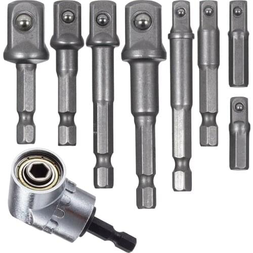 9Pcs Socket Adapter Impact Hex Shank Drill Bits Set, Driver Tools, 1/4" 3/8" 1/2", 105° Right Angle Drill Adapter Attachment