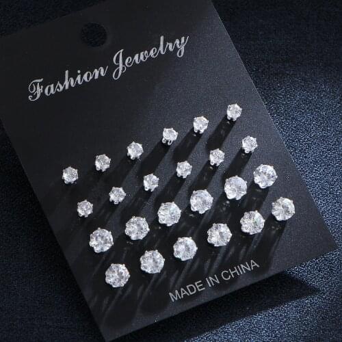IF ME 12pcs/set Fashion Cubic Zirconia Stud Earrings Set For Women Charms Round Crystal Silver Color Statement Earring Jewelry