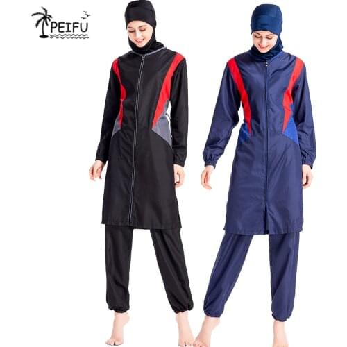 PEIFU 2020 zipper Micro Sleeves Piping Full Hijab Swimwear S-XXL Muslim Hijab Islamic Swimsuit Full cover Swim