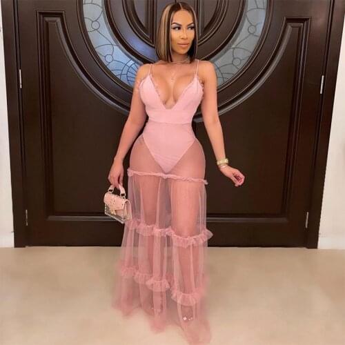 Summer Women Clothing Sexy Dress Mesh Sheer Splicing V-neck Solid Sleeveless Lounge Wear Club Outfit Streetwear Wholesale Items