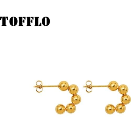 TOFFLO Stainless Steel Jewelry Retro Small Round Bead Splicing C-Type Earrings Womens Fashion Earrings BSF402