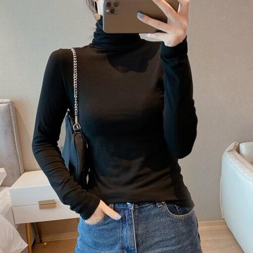Womens T-shirt Tops Casual Cotton T-shirt Long Sleeve Solid Color T Shirts Turtleneck Tshirt Top