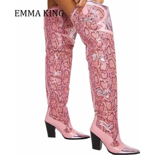 Fall Winter Women Western Over The Knee High Boots Sexy Snake Pattern CowGirl Long Booties 10cm Hoof Heel Women Botas De Mujer