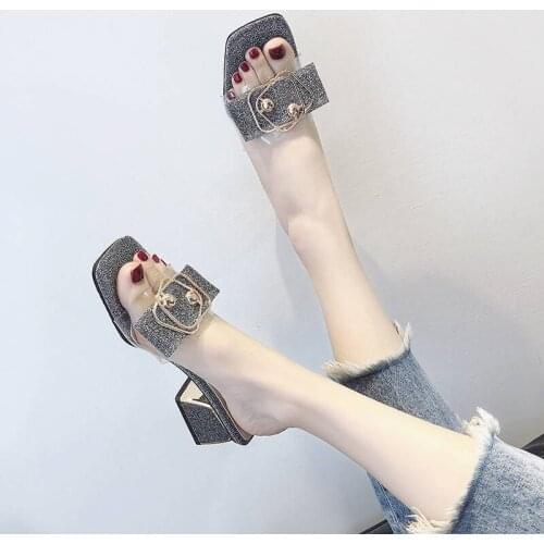 2021 Womens New Korean Fashion Slippers, Womens Simple and Transparent Temperament, Hong Kong Style Mid-heeled Slippers Women