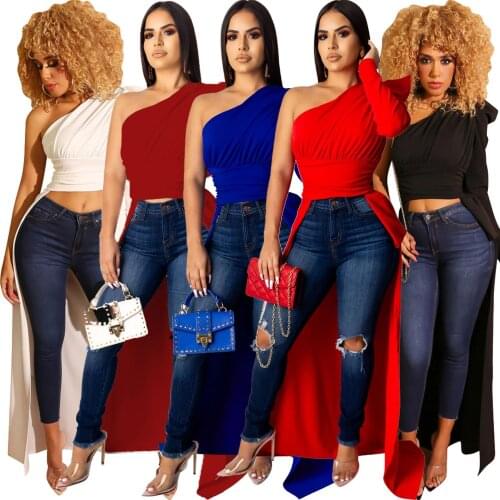 Womens Sexy Irregular Solid Color Top One Shoulder Long Design T Shirts