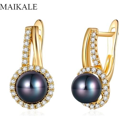 MAIKALE New Fashion Black Red Pearl Stud Earrings for Women Gold Silver Color Zirconia Earrings with Pearl Wedding Party Jewelry