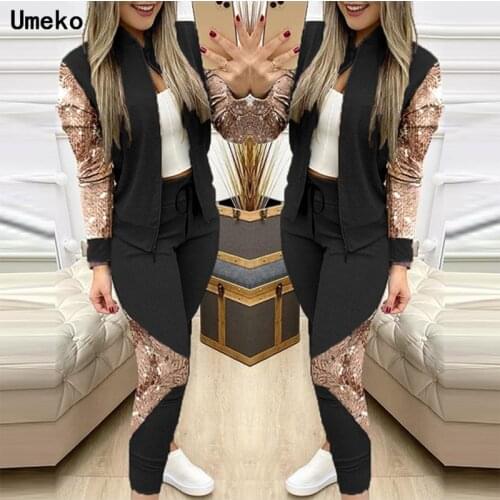 Umeko Gray Womens Winter Jacket Fashion Long Sport Zipper Stitched Plaid Suit Cardigan Blazer Suits+Pencil Pants Two Pieces Set