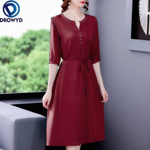2021 Summer Vintage Red Mulberry Silk Satin Midi Dress Women Casual Solid New Loose Elegant Dress Elegant Bodycon Party Vestidos