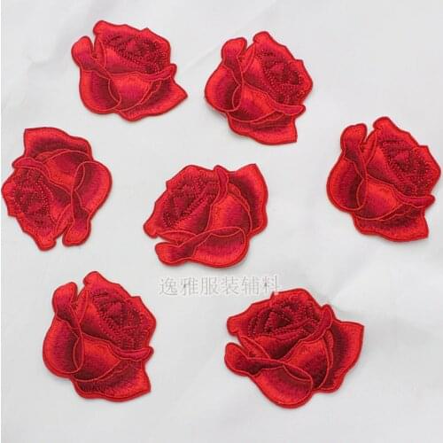 50pcs/lot 3d Red Rose Embroidery Patch Flower Curtain Dress Clothing Decoration Sewing Accessory Diy Iron Heat Transfer Applique