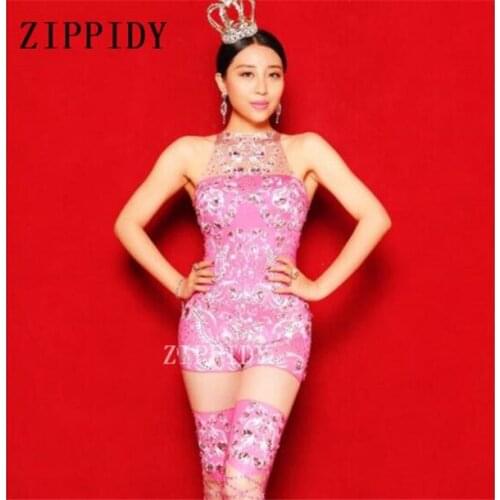 Sparkly Rhinestones Pink sleeveless Jumpsuit Female Singer Birthday Celebrate Outfit Costume Bling Design Performance Dance Wear