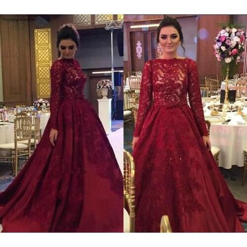 Burgundy Evening Dress 2019 Arabic Muslim A Line Lace Long Sleeves Holiday Women Wear Formal Party Prom Gown Plus Size