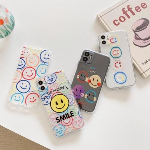 Phone Case For iPhone 7 8 Plus X XS XR XSMax 12 Mini 11 12 Pro Max SE 2020 Fashion Sketch Smiling Face Clear Soft TPU Shockproof