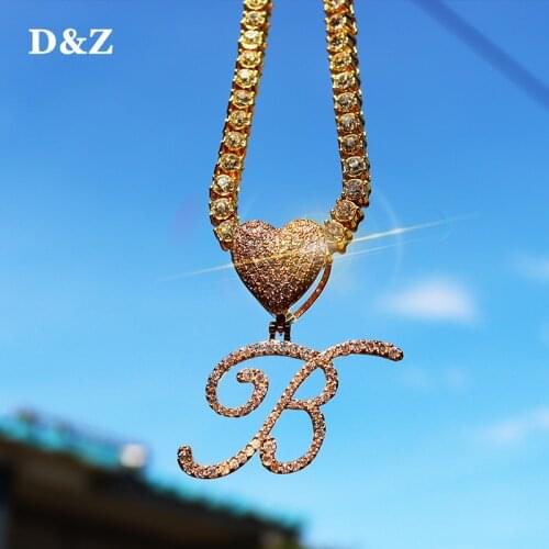 D&Z New A-Z Cursive Letters Name Pendant &Necklace With Heart Clasp Iced Out Cubic Zircon Gold Silver Color Charm Hip Hop Jewelr