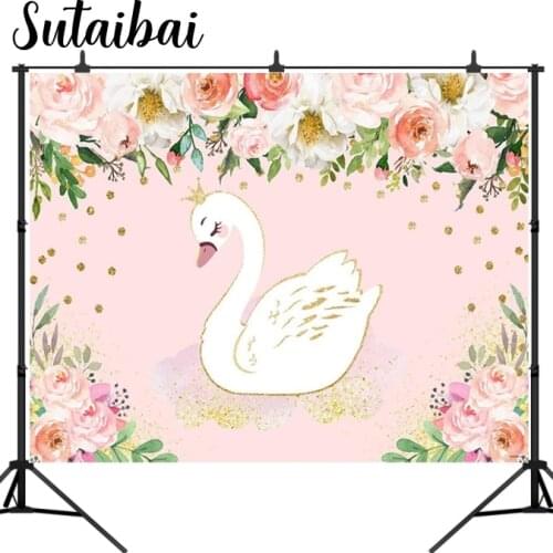 White Swan Photography Backdrop for Birthday Baby Shower Party Decoration Pink Floral Gold Crown Background Photo Booth