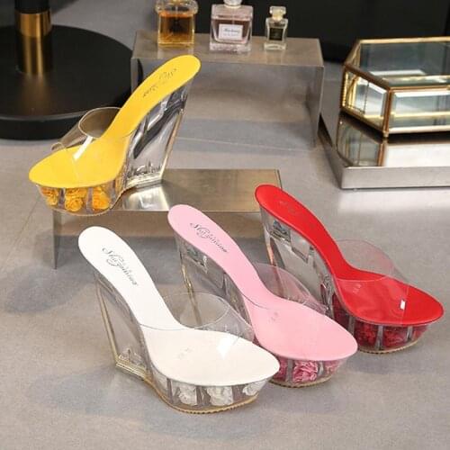 HOKSVZY Super High Heel Cool Slipper Transparent Special-shaped Crystal Slipper Waterproof Platform 15CM Wedges Women Sandal LFD