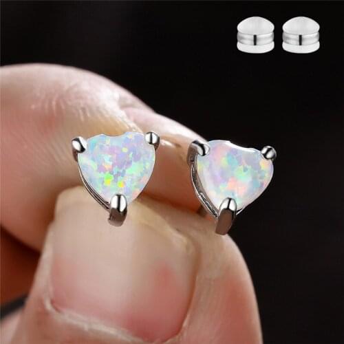 Classic Silver Color Cute Bride Earrings Charm Love Heart Stone Earrings White Fire Opal Stud Earrings For Women Wedding Jewelry