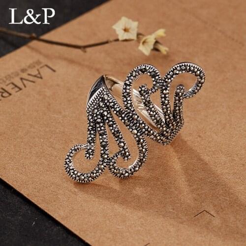 L&P Retro Real 925 Sterling Silver Ring For Women Elegant Marcasite Adjustable Ring Party For Anniversary Gift