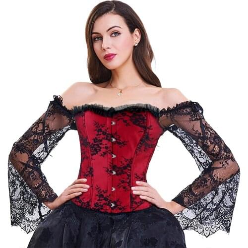 Steampunk Corset Bustier Gothic Corselet Corset Women Bustier Long Sleeve Lace Floral Off Shoulder Sexy Party Corset