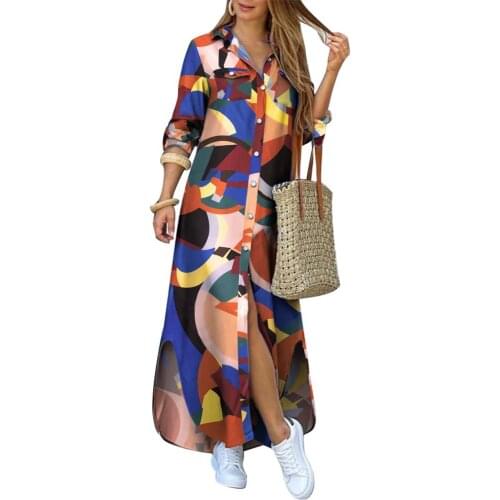 Plus size Fashion Women Dress Long Sleeve Slitting Hem Pockets Single-breasted Maxi Shirt Dress Single-breasted Maxi Shirt Dress