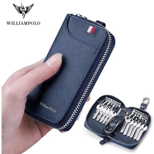 WILLIAMPOLO Key Card Wallet Holder Genuine Leather Men Coin Pocket Purse Male Bus Card Holder with Zipper and Hasp