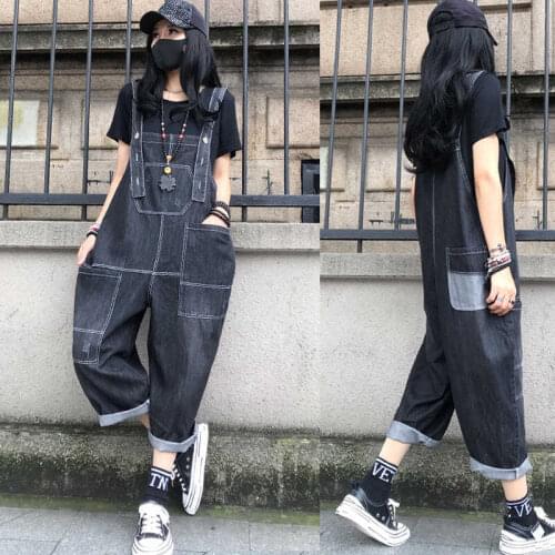 2021 Autumn New Fashion High Waist Thin Large Size 9-point Suspender Pants Loose Straight Tube Denim Pants