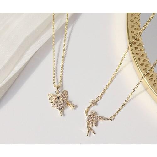 Charm 14K Real Gold Fairy Magic Wand Women Necklace Pave Inlaid CZ Temperament Short Kolye Feminia Clavicle Colar Accessories