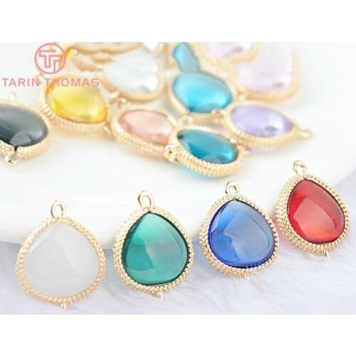 10PCS 19x14MM 24K Champagne Gold Color Brass and Glass 2 Holes Drop Shape Connect Charms Pendants Jewelry Findings Accessories