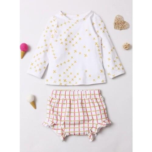 Kaiya Angel Spring Summer Children Baby Girls Clothes Outfit Print Shirt+Short Lattice Pants Customized Wholesale MQ-TZ2012003
