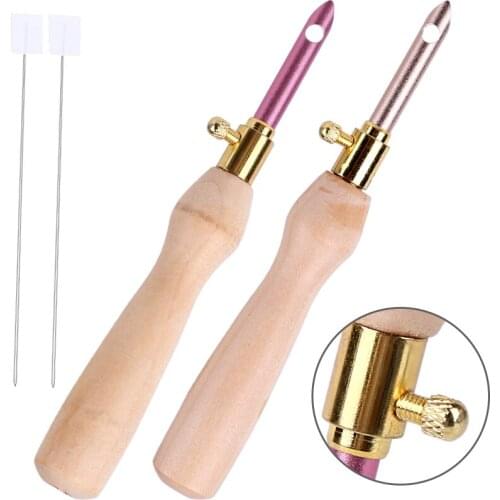 Imzay 2 Pcs Wooden Handle Embroidery Pens + 2 Pcs Threader Sewing Punch Needle Set Embroidery Punch Needle Weaving Tools