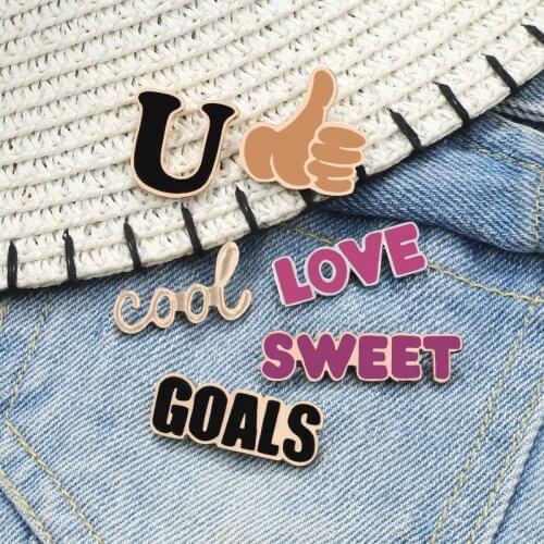Cartoon Letter Enamel Pins Cool Gesture Brooches Sweet I Love You Quote Button Badge Clothes Lapel Pin Jewelry Gift For Girls