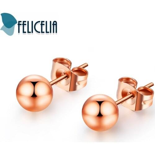 Felicelia Cute Ball Design Stainless Steel Rose Gold Color Stud Earrings For Women Girls Fashion Jewelry Hot Sale