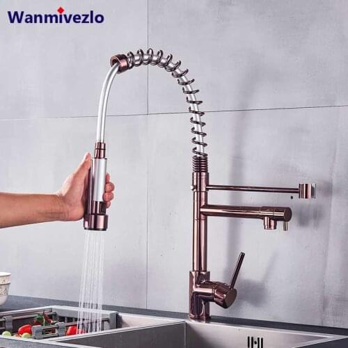 Rose Gold Spring Kitchen Faucet Pull Down Side Sprayer Dual Spout Tap Deck Mounted Kitchen Mixer Tap Kitchen Cold Hot Water tap