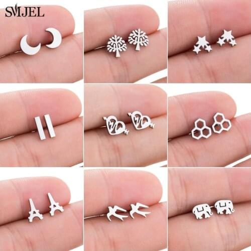 SMJEL Cute Stainless Steel Stud Earrings for Women Kids Fashion Geometric Elephant Bar Crescent Cat Earings Black Jewelry brinco