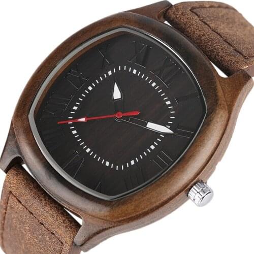 Unique Leather Handmade Watch Men Bamboo Wood Watches Fashion Quadrangle Design Vintage Mans Wristwatches Clock Hours Analog