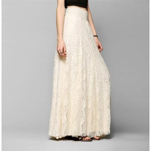 White cotton long lace skirt Summer Beach Wedding Skirt Retro Wedding Look Pleated Tulle Skirts Female School Maxi Skirt