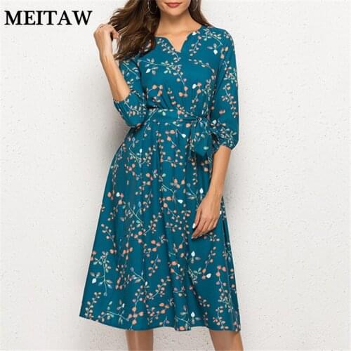 2019 Spring Autumn Women Boho Dress Casual V Neck 3/4 Sleeve A Line Midi Dresses Female Elegant Print Party Dress Vestidos